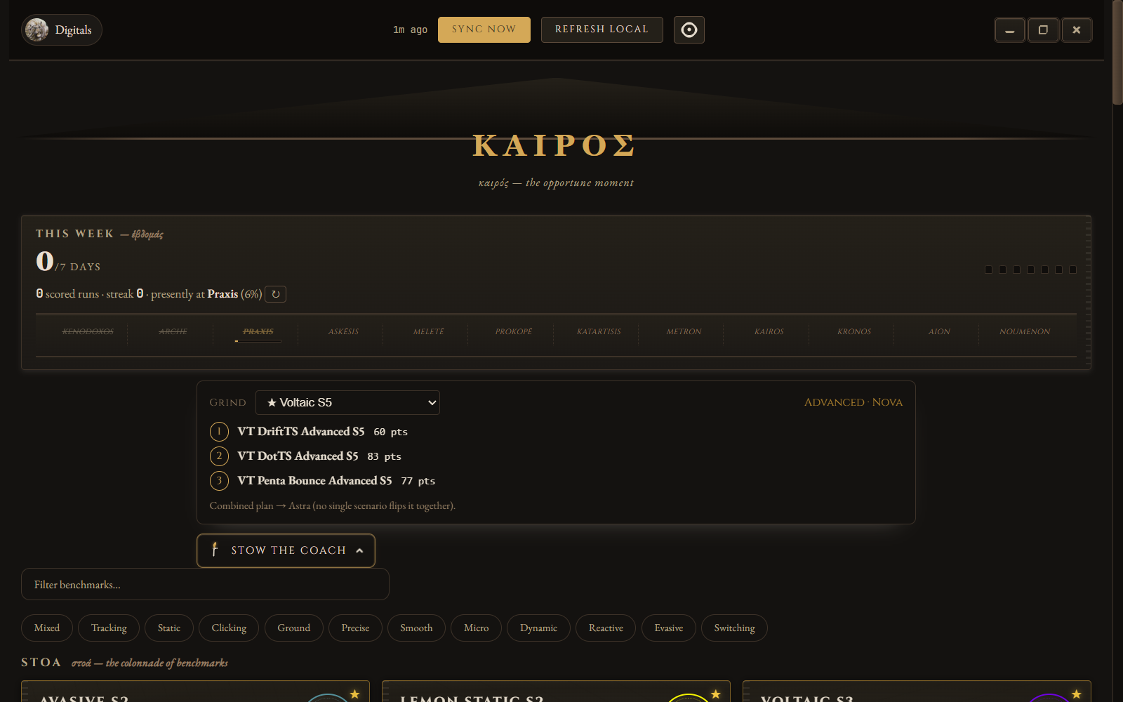 Kairos overview in the basalt theme — weekly plaque, grind coach and the stoa of benchmark cards