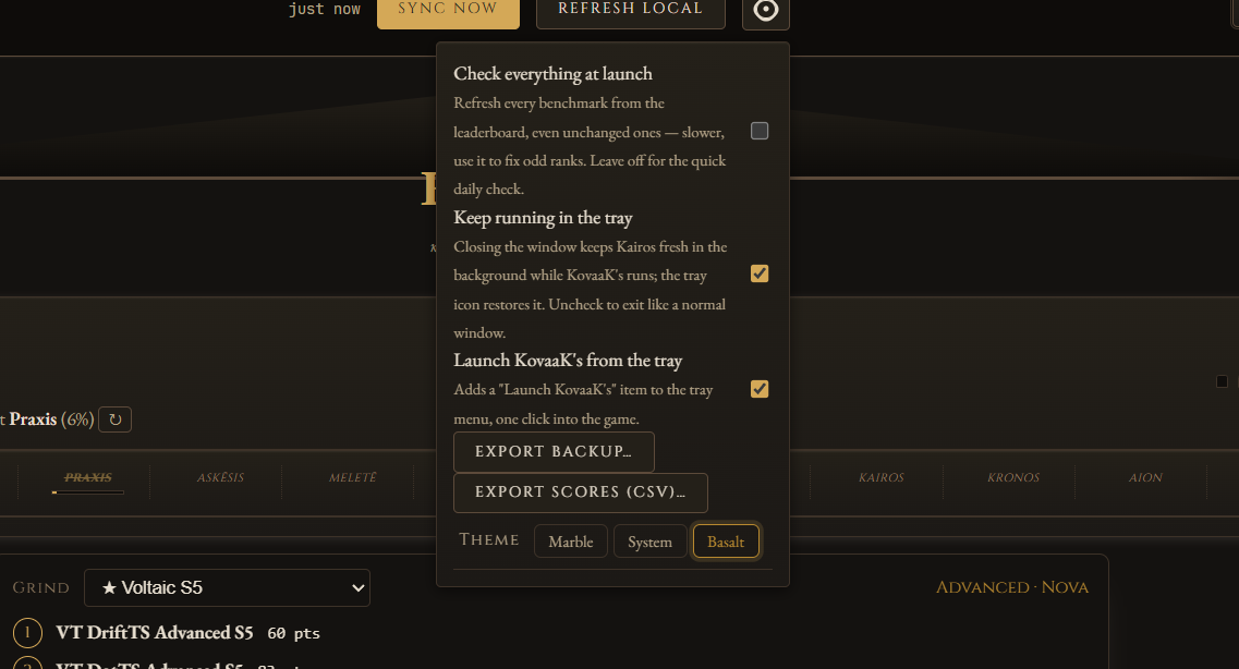 Kairos settings with the tray toggles